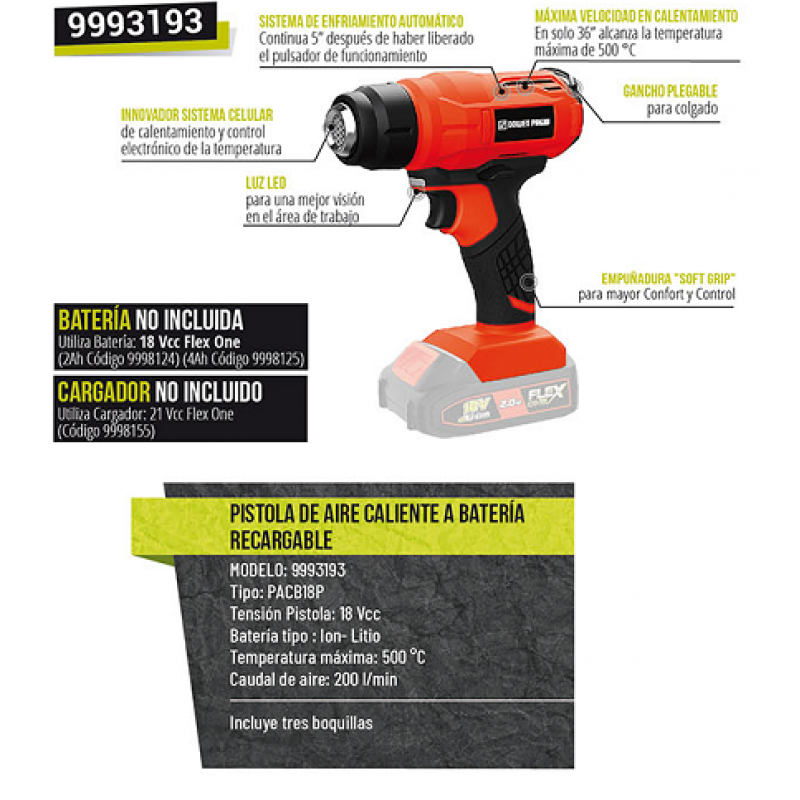 PISTOLA CALOR BAT. 18V.LITIO
