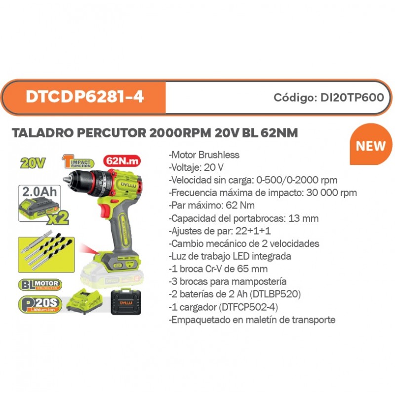 TALADRO PERCUTOR 2000RPM 20V BL 62NM