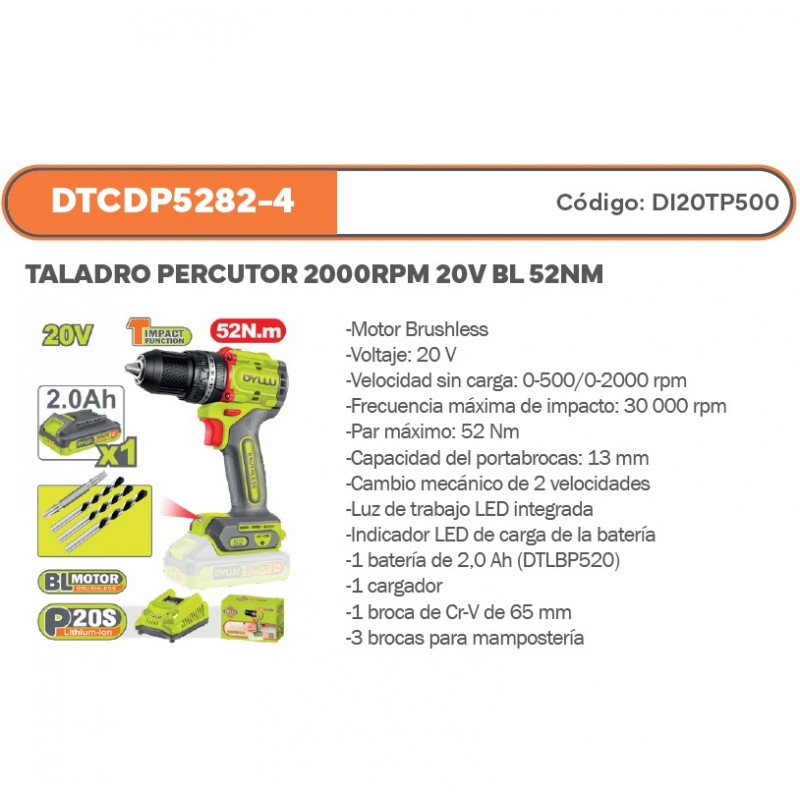TALADRO PERCUTOR 2000RPM 20V BL 52NM